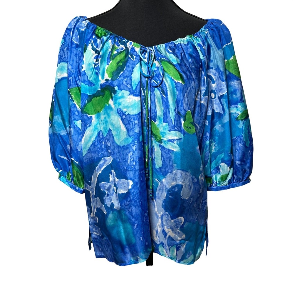 Lauren Ralph Lauren Floral 100% Silk Tie‎ Neck Blouse Women M Spring Blue Green